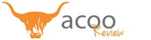 Acoo Review Ltd. Logo: The stylised head of a highland cow, in orange, with the Acoo Review wordmark