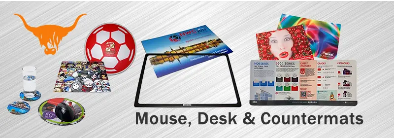 A selection of custom branded mousemats, countermats and deskmats on a silver gradient background