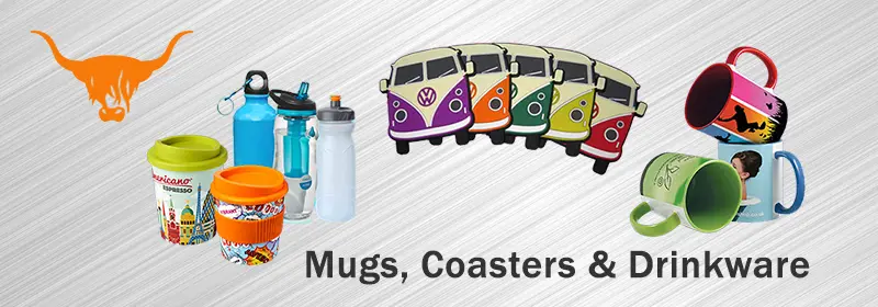 A selection of custom branded mugs, sports bottles, travel mugs and coasters on a silver gradient background